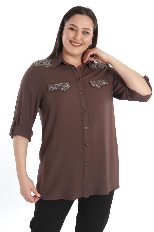 Angelino Büyük Beden Taş Baskılı Kahverengi Dokuma Gömlek - 5