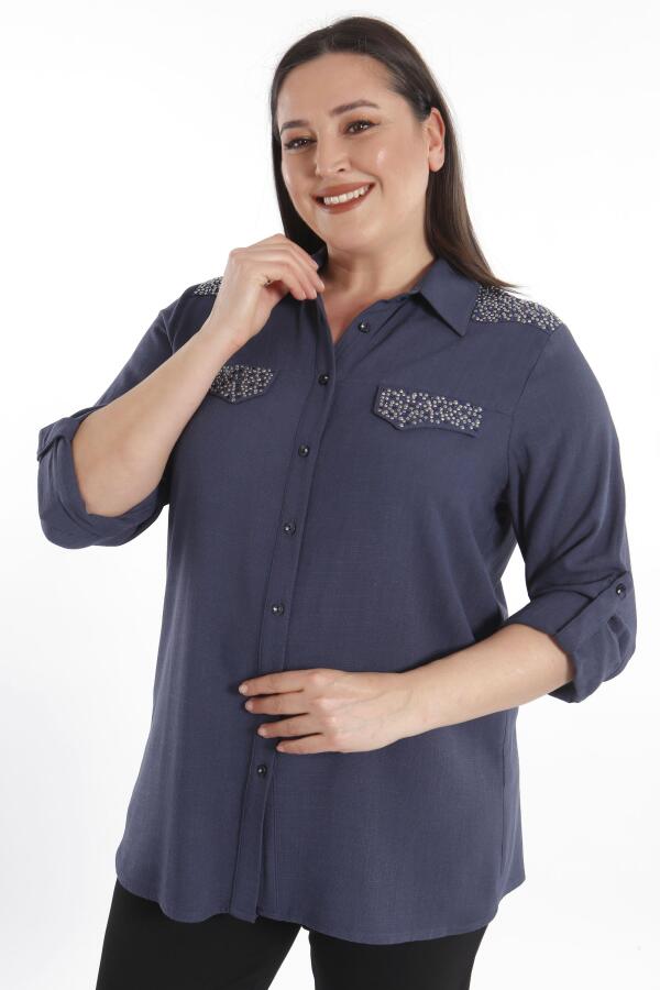 Angelino Büyük Beden Taş Baskılı Lacivert Dokuma Gömlek - 2