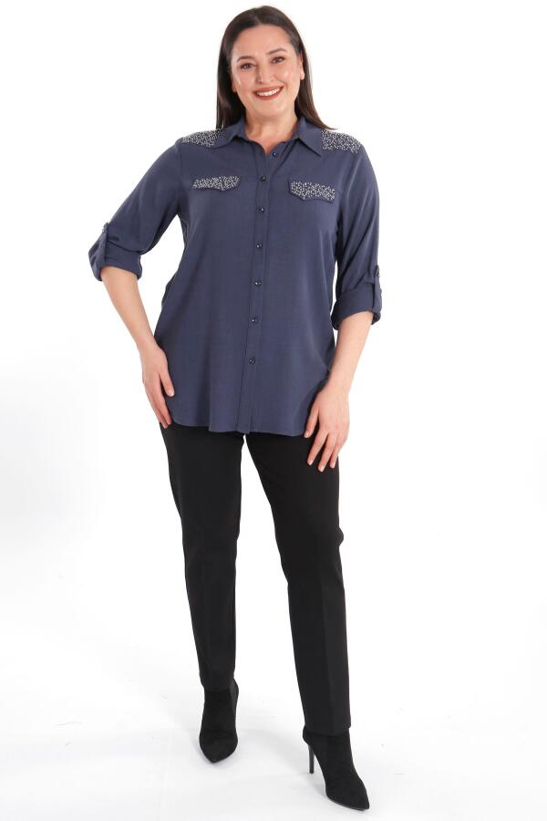 Angelino Büyük Beden Taş Baskılı Lacivert Dokuma Gömlek - 3