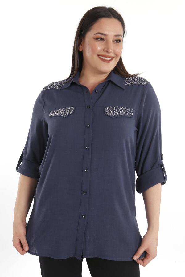 Angelino Büyük Beden Taş Baskılı Lacivert Dokuma Gömlek - 4