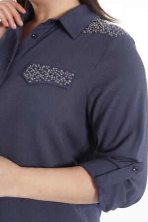 Angelino Büyük Beden Taş Baskılı Lacivert Dokuma Gömlek - 5