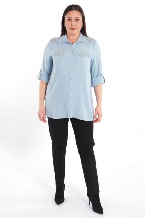 Angelino Büyük Beden Taş Baskılı Mavi Dokuma Gömlek - Angelino Moda