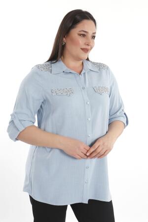 Angelino Büyük Beden Taş Baskılı Mavi Dokuma Gömlek - Angelino Moda (1)