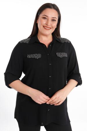 Angelino Büyük Beden Taş Baskılı Siyah Dokuma Gömlek - Angelino Moda (1)