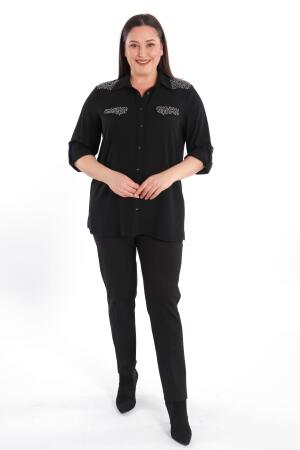 Angelino Büyük Beden Taş Baskılı Siyah Dokuma Gömlek - 3