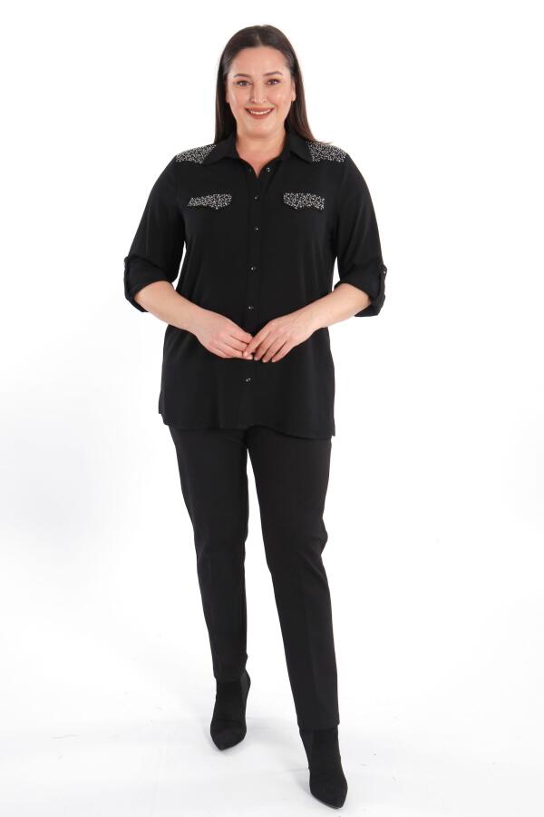 Angelino Büyük Beden Taş Baskılı Siyah Dokuma Gömlek - 3