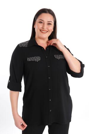 Angelino Büyük Beden Taş Baskılı Siyah Dokuma Gömlek - 4