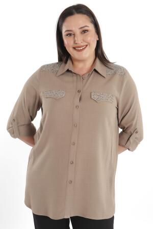 Angelino Büyük Beden Taş Baskılı Vizon Dokuma Gömlek - Angelino Moda (1)