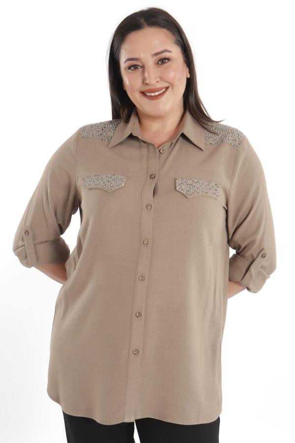 Angelino Büyük Beden Taş Baskılı Vizon Dokuma Gömlek - 2