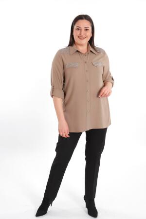 Angelino Büyük Beden Taş Baskılı Vizon Dokuma Gömlek - 3