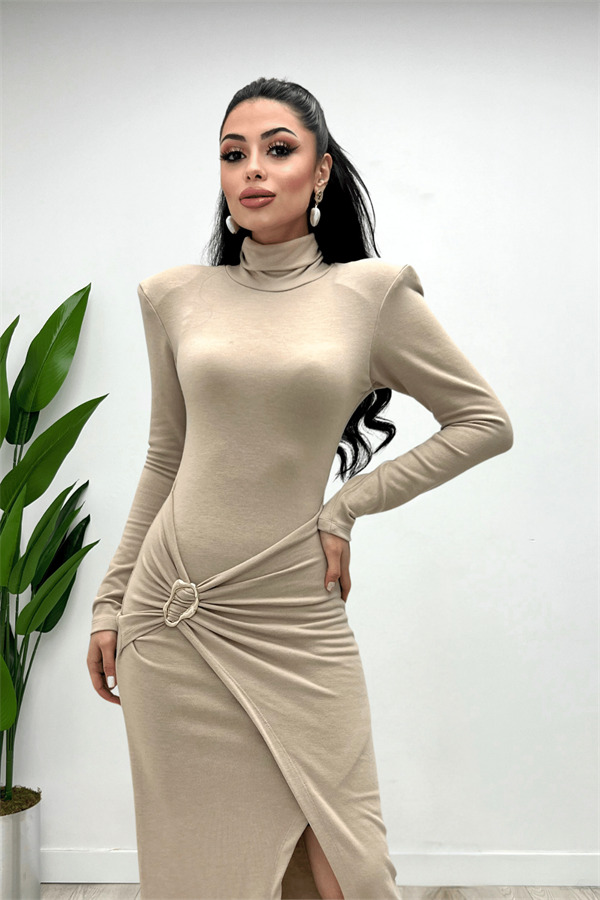 Triko Kumaş Eteği Toka Detaylı Elbise - KREM - 1