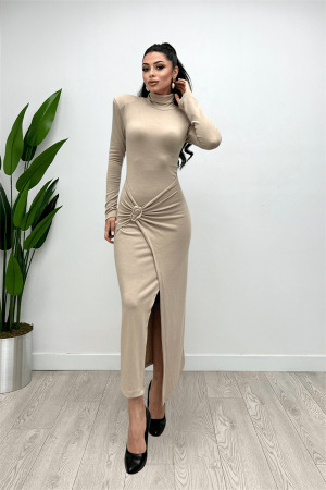 Triko Kumaş Eteği Toka Detaylı Elbise - KREM - Angelino Moda (1)
