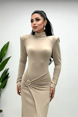 Triko Kumaş Eteği Toka Detaylı Elbise - KREM - 3