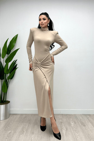 Triko Kumaş Eteği Toka Detaylı Elbise - KREM - 5