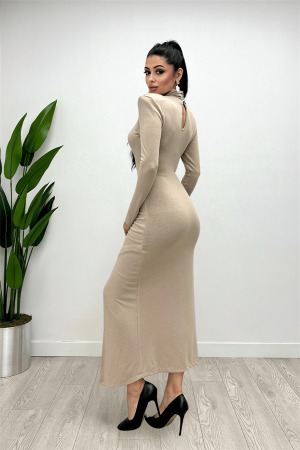 Triko Kumaş Eteği Toka Detaylı Elbise - KREM - 6