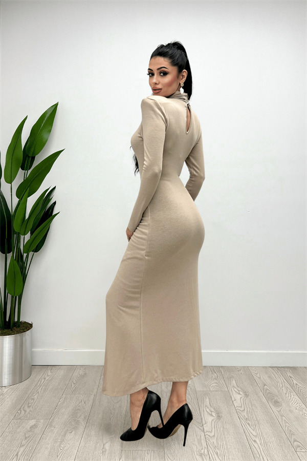 Triko Kumaş Eteği Toka Detaylı Elbise - KREM - 6