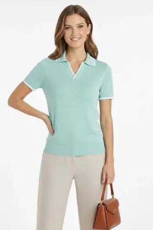 Triko Kumaş Yakalı Düğmesiz Açık Yaka Fitilli Kısa Kollu Regular Fit Tişört T-shirt - Mint Yeşili - 1