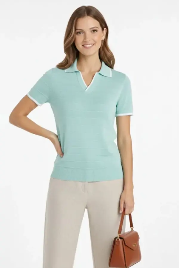 Triko Kumaş Yakalı Düğmesiz Açık Yaka Fitilli Kısa Kollu Regular Fit Tişört T-shirt - Mint Yeşili - 1