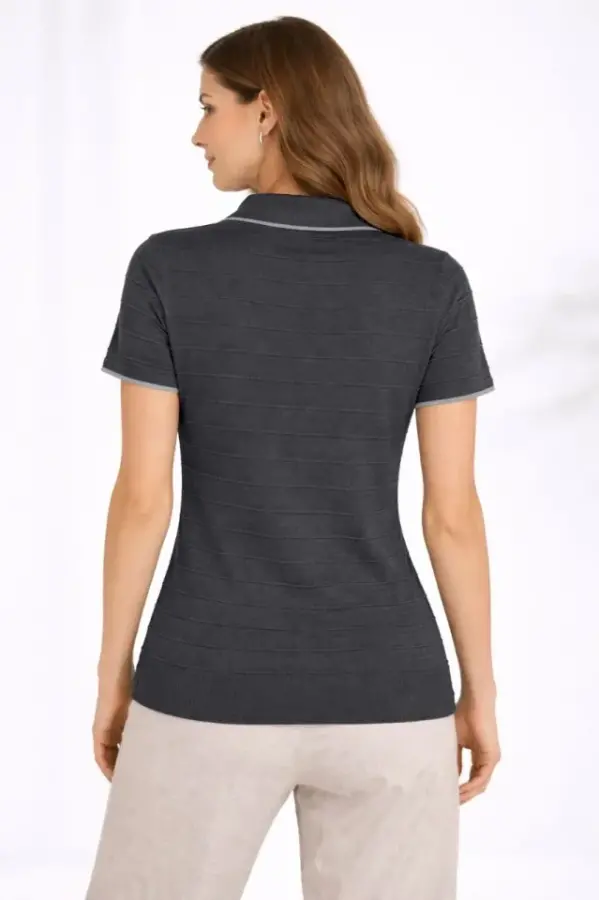 Triko Kumaş Yakalı Düğmesiz Açık Yaka Fitilli Kısa Kollu Regular Fit Tişört T-shirt - Siyah - 2