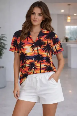 Tropikal Palmiye Desenli Gömlek Şort Takım Yazlık Rahat Kalıp - Desenli - 1