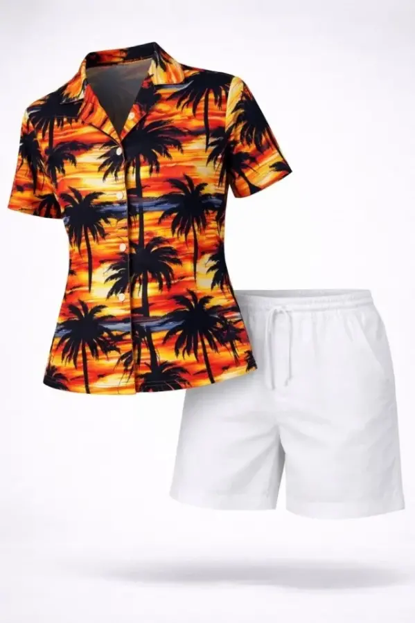 Tropikal Palmiye Desenli Gömlek Şort Takım Yazlık Rahat Kalıp - Desenli - 2