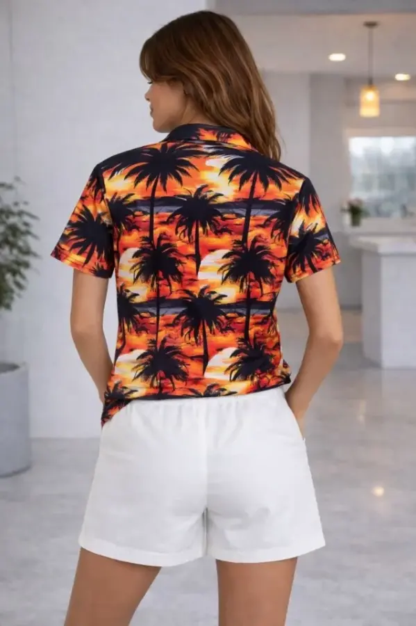 Tropikal Palmiye Desenli Gömlek Şort Takım Yazlık Rahat Kalıp - Desenli - 3