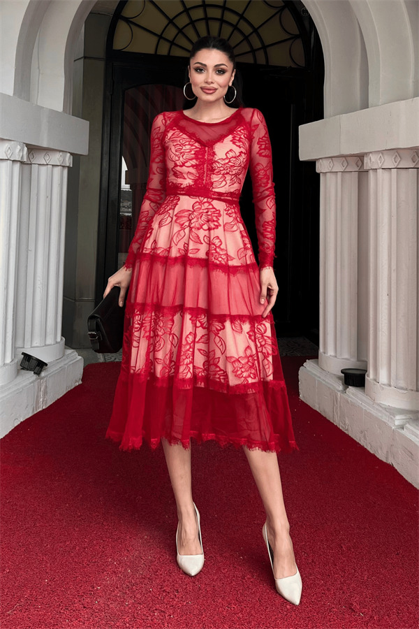 Tül Dantel Midi Boy Abiye Elbise - KIRMIZI - 1