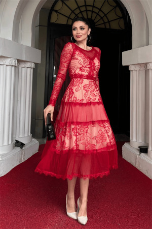 Tulle Lace Midi Length Evening Dress - RED - Angelino Moda (1)