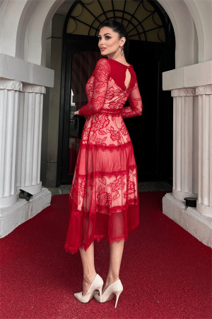 Tül Dantel Midi Boy Abiye Elbise - KIRMIZI - 5