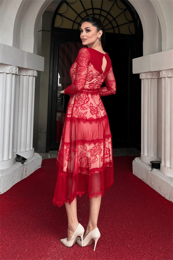 Tül Dantel Midi Boy Abiye Elbise - KIRMIZI - 5