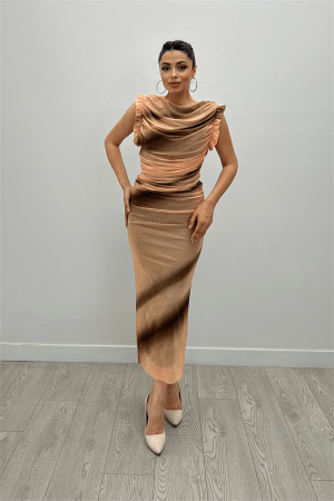 Tül Desenli Kumaş Büzgü Detaylı Kalem Elbise - TURUNCU - Angelino Moda