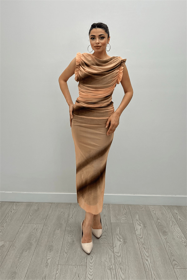 Tül Desenli Kumaş Büzgü Detaylı Kalem Elbise - TURUNCU - 1