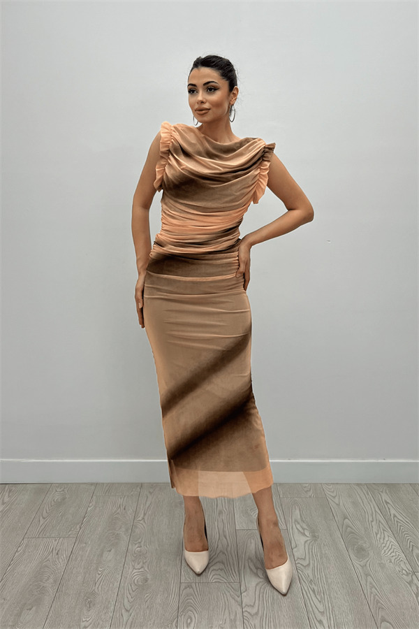 Tül Desenli Kumaş Büzgü Detaylı Kalem Elbise - TURUNCU - 2