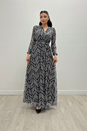 Tulle Fabric Asymmetric Pattern Maxi Dress - BLACK - Angelino Moda