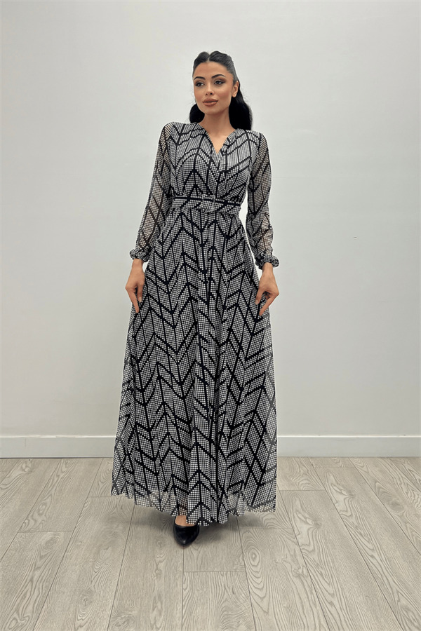 Tül Kumaş Asimetrik Desen Maksi Elbise - SİYAH - 1