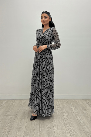 Tulle Fabric Asymmetric Pattern Maxi Dress - BLACK - Angelino Moda (1)