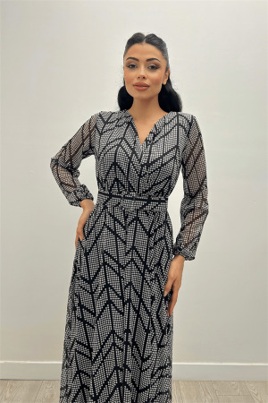 Tül Kumaş Asimetrik Desen Maksi Elbise - SİYAH - 3