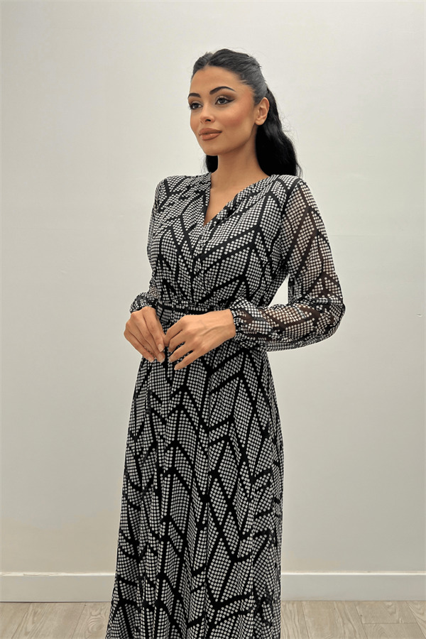 Tül Kumaş Asimetrik Desen Maksi Elbise - SİYAH - 4