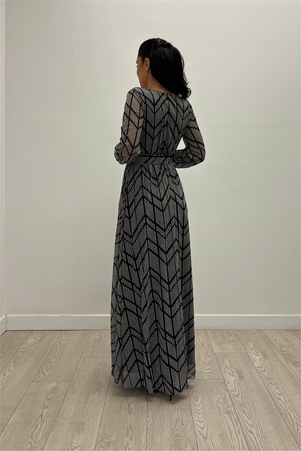 Tül Kumaş Asimetrik Desen Maksi Elbise - SİYAH - 5