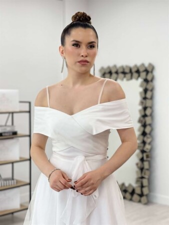 Tül Kumaş Askılı Midi Elbise - BEYAZ - 3