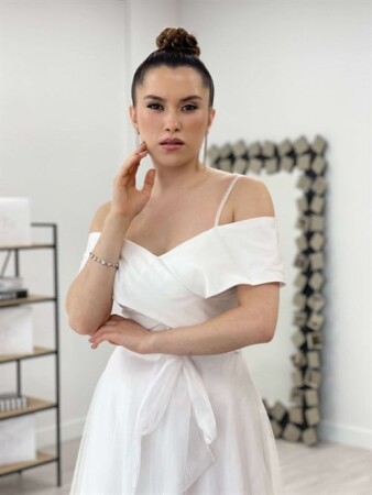 Tül Kumaş Askılı Midi Elbise - BEYAZ - 4
