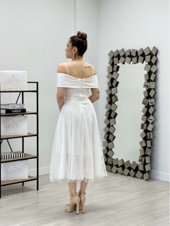 Tül Kumaş Askılı Midi Elbise - BEYAZ - 5