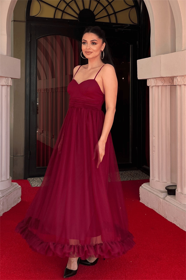 Tül Kumaş Büzgü Detaylı Elbise - BORDO - 2