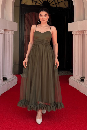 Tül Kumaş Büzgü Detaylı Elbise - HAKİ YEŞİLİ - Angelino Moda