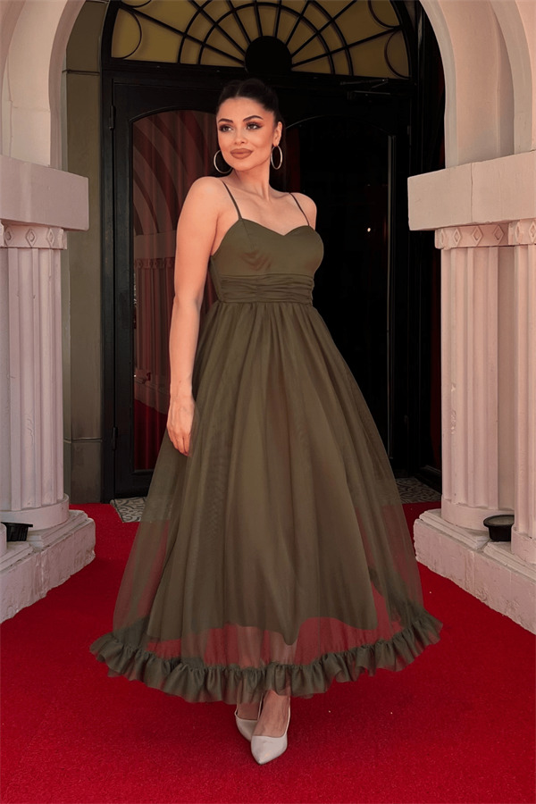 Tül Kumaş Büzgü Detaylı Elbise - HAKİ YEŞİLİ - 2