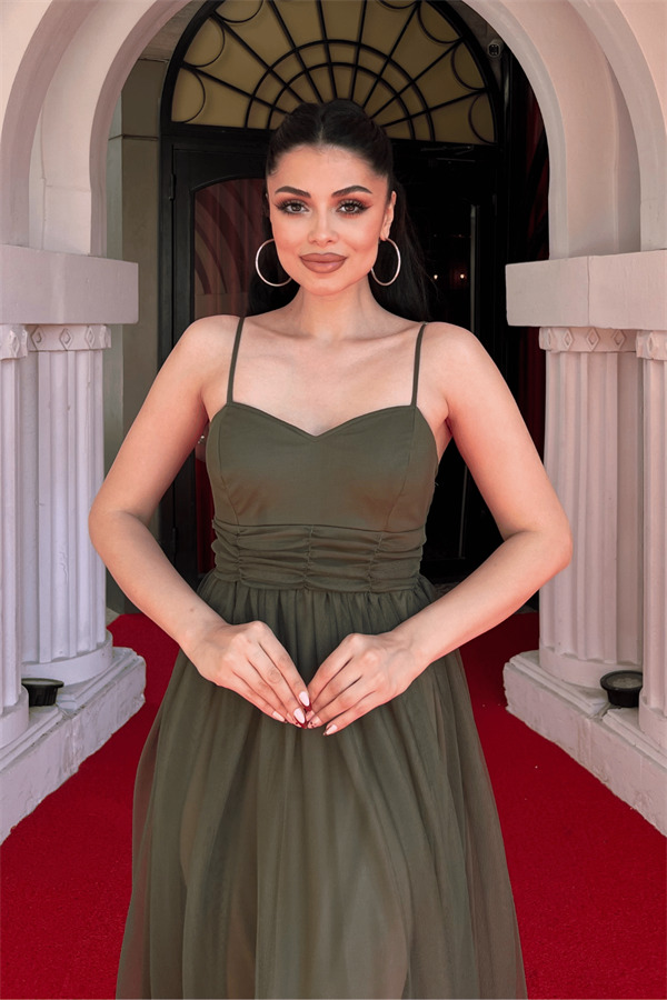 Tül Kumaş Büzgü Detaylı Elbise - HAKİ YEŞİLİ - 3