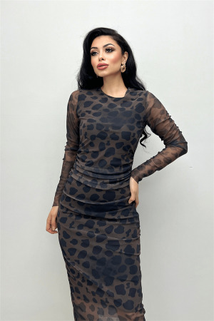 Tül Kumaş Büzgü Detaylı Elbise - KAHVERENGİ - Angelino Moda (1)