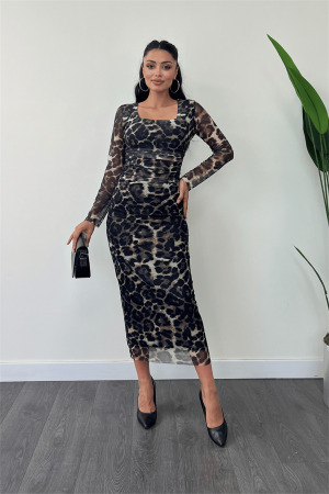 Tül Kumaş Büzgü Detaylı Kalem Elbise - ANTRASİT - Angelino Moda