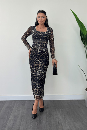 Tül Kumaş Büzgü Detaylı Kalem Elbise - ANTRASİT - Angelino Moda (1)