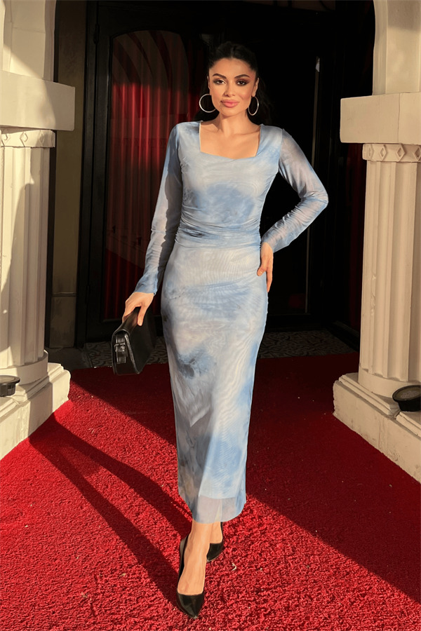 Tül Kumaş Büzgü Detaylı Kalem Elbise - BEBE MAVİSİ - 1